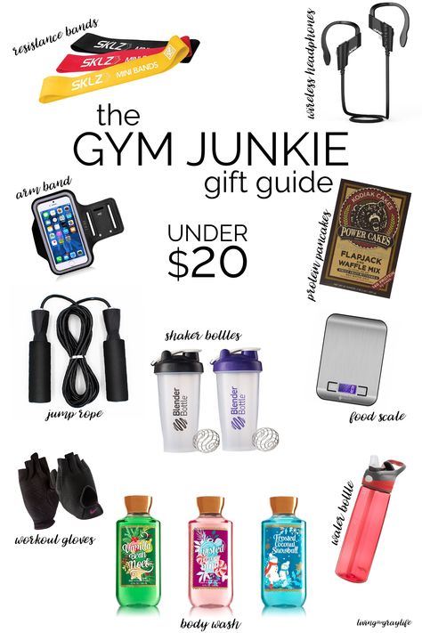 FITNESS GIFT GUIDE. Perfect gifts for the gym junkie in your life. All under $20! | Gym Junkie Gift Guide Fitness Gift Basket, Fitness Gifts For Men, Fitness Gift Guide, Gifts For Gym Lovers, Unisex Christmas Gifts, Fitness Gift, Baskets For Men, Gift Baskets For Men, Gym Gifts