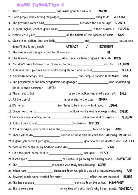 Word Formation online worksheet for B2. You can do the exercises online or download the worksheet as pdf. B2 English Worksheets, Word Formation Exercises, Word Formation Worksheets, Grammar Sentences, English Grammar Test, Word Formation, English Teaching Materials, English Exam, Grammar Exercises