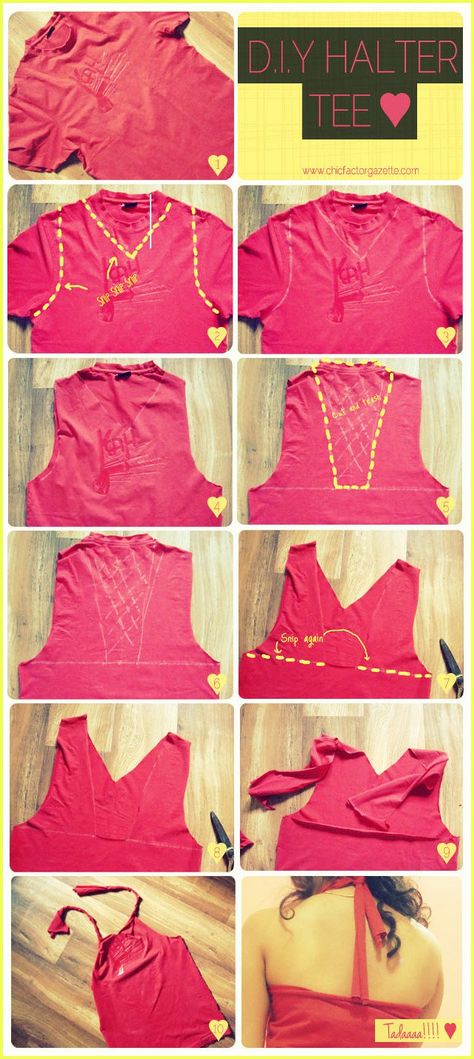 Cool T-shirt Refashion Idea: Great way to use up those plain t-shirts lying around in the closet. More ways to transform your t-shirts at: http://www.sewinlove.com.au/search/t-shirt Diy Halter Top, Diy Halter, Diy Clothes Projects, Cut Up T Shirt, Umgestaltete Shirts, Diy Cut Shirts, Shirt Makeover, Cut Up Shirts, Diy Clothes Refashion