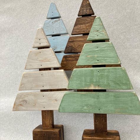 Wooden Christmas Tree made from salvaged timber. * Measures around 40cm high. * Eco friendly, rustic Christmas decoration.  * Please specify which colour you would like when ordering. We have available:  White - x1 Natural wood - x1 Sage green - x1 Blue - x1