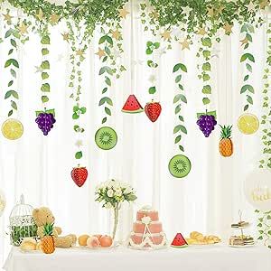 Cheerland Fruit Garland Tropical Leaves Spring Leaves Hanging Backdrop Banner Decorations for Themed Birthday Baby Shower Party Supplies - Pack of 12 Tropical Fruit Party, Fruit Banner, Fruit Party Decorations, Kids Birthday Party Decorations, Shower Boys, Hanging Backdrop, Fruit Birthday Party, Tropical Birthday Party, Streamer Backdrop