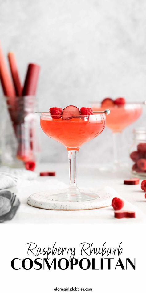 This Raspberry Rhubarb Cosmopolitan is a summertime twist on a classic cocktail, with an easy fresh raspberry-rhubarb syrup giving it delicious sweet + tart flavor. Mocktail version included too! Rhubarb Mojito, Rhubarb Uses, Rhubarb Cocktail, Strawberry Rhubarb Cobbler, Strawberry Rhubarb Compote, Best Rhubarb Recipes, Strawberry Sheet Cakes, Roasted Rhubarb, Rhubarb Syrup