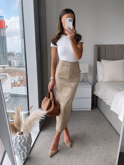 Beige Utility Pencil Midi Skirt curated on LTK Beige Skirt Work Outfit, Beige Button Skirt Outfit, Beige Skirt Office Outfit, Work Wear Skirt Outfit, Smart Casual Skirt Women, Light Beige Skirt Outfit, White Leather Midi Skirt Outfit, Bodycon Skirt Outfit Work, Long Business Skirt