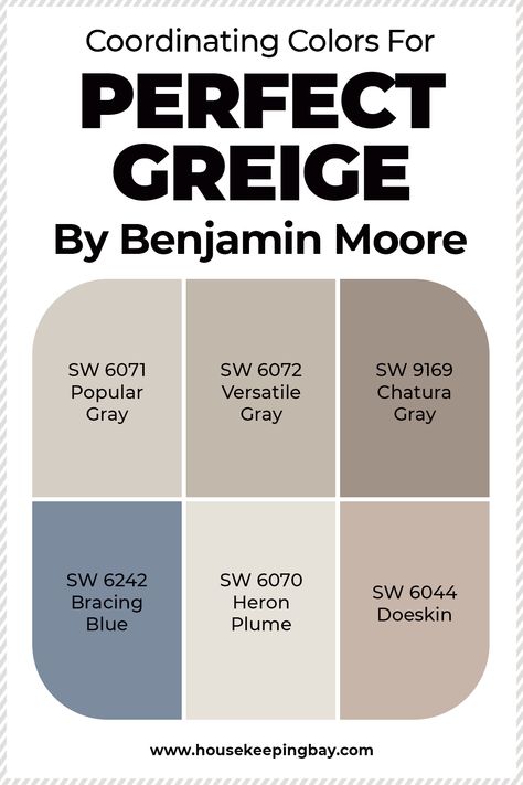 Coordinating Colors For Perfect Greige Perfect Greige Color Palette, Perfect Greige Coordinating Colors, Perfect Greige Sherwin Williams Coordinating Colors, Greige Color Combinations, Greige And Blue Living Room, Coordinating Paint Colors For Home, Perfect Greige Color Scheme, Sw Greige Paint Colors, Sw Perfect Greige