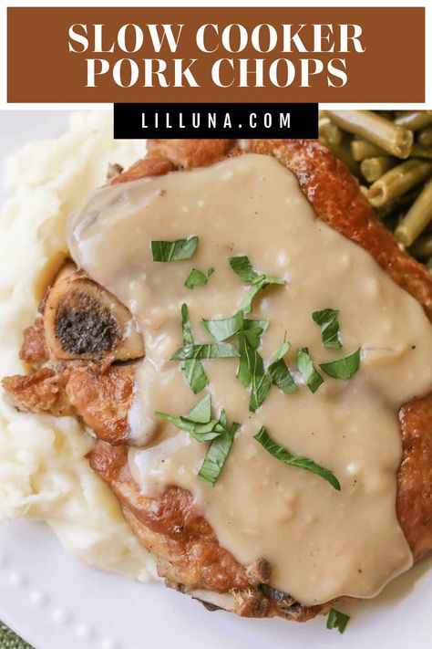 These simple and delicious Slow Cooker Pork Chops are sure to become a family favorite. They are so tender and juicy and are topped with an amazing gravy that we love to serve over the chops and mashed potatoes! #slowcookerporkchops #porkchops #slowcookerpork #slowcookerdinner #porkchoprecipe Baked Bbq Pork Chops, Slow Cooker Pork Chops Recipes, Pork Chop Recipes Crockpot, Baked Pork Chops Oven, Bbq Pork Chops, Pork Chops And Gravy, Pork Chops And Potatoes, Pork Chop Recipes Baked, Crockpot Pork Chops