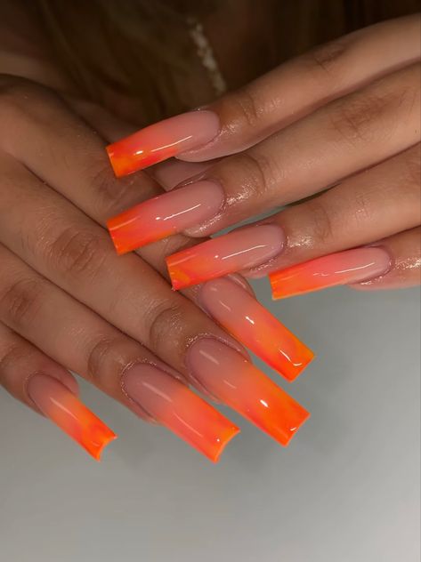 Pink To Orange Nails, Red Ombre Nails Acrylic, Neon Ombre Nails, Nails Short White, White Fake Nails, Daily Nail Art, Xl Nails, Orange Ombre Nails, Orange Acrylic Nails