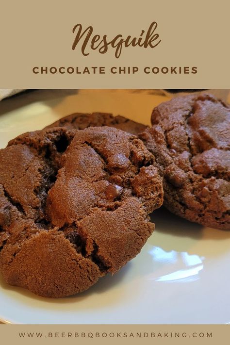 Nesquik Chocolate Chip cookies are made with two types of chocolate and chocolate chips. They are soft, moist, melt-in-your-mouth cookies. Cookies With Nesquik, Nesquick Cookies, Nesquik Recipes, Nestle Cookies, Nestle Quik, Beer Cookies, Nestle Chocolate, Types Of Chocolate, Chocolate Powder