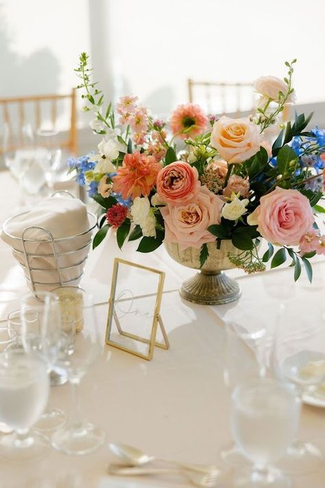 Spring Floral Wedding Theme, Wedding Table Arrangements Flowers, Compote Centerpiece Wedding, Wedding Table Clothes, Wedding Color Schemes Summer, Floral Palette, Centerpiece Inspiration, Reception Florals, Colorful Table Setting