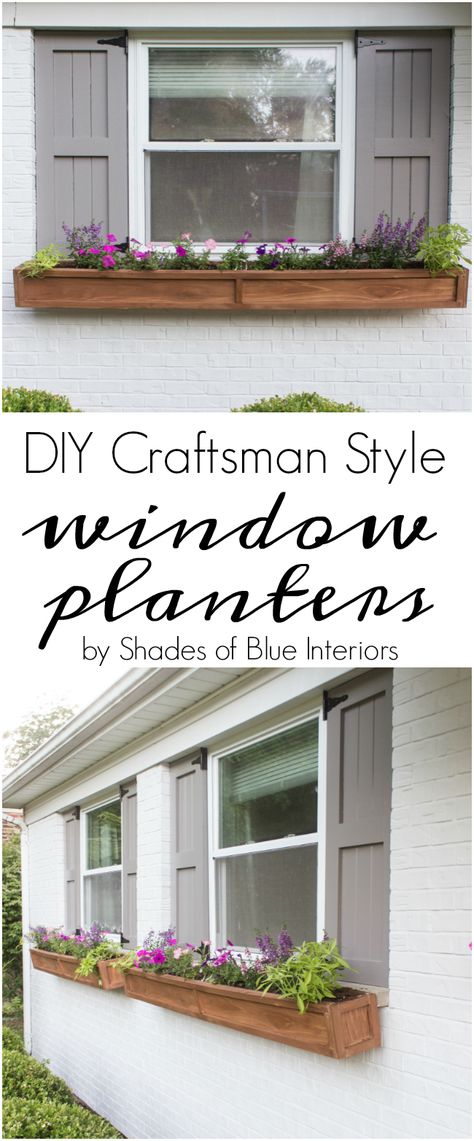 DIY Cedar Window Planters - Shades of Blue Interiors Pretty Window Boxes, Window Shutters Diy, Planters For Shade, Craftsman Style Windows, House Diys, Window Boxes Diy, Blue Interiors, Exterior Window, Container Planting