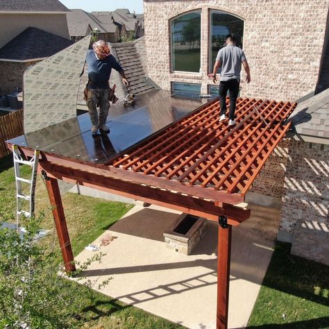 PERGOLA ROOFS PATIO ROOFS! Cover your outdoor space with SkyPoly. Architectural & commercial grade roofing systems MADE FOR PERGOLAS!… Patio Roofs, Pergola Roof, Roofing Options, Retractable Pergola, Modern House Facades, Pergola With Roof, Covered Pergola, Patio Roof, Backyard Inspiration