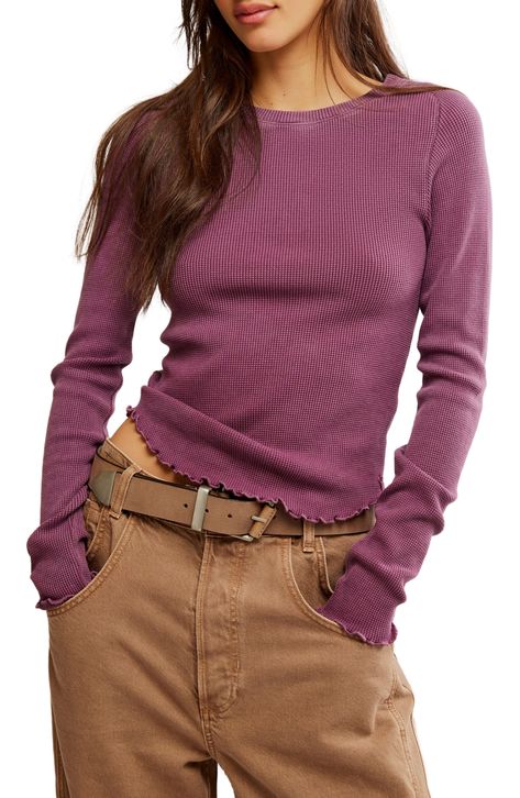 A mini waffle pattern keeps you snug as a bug in this trim and stretchy cotton T-shirt finished with a curved hem just right for leaving untucked. 23" length (size Small) Boat neck Long sleeves Curved hem 95% cotton, 5% spandex Machine wash, dry flat Imported Purple Knit Crew Neck Top, Purple Ribbed Knit Tops, Trendy Waffle Knit Crew Neck Top, Trendy Stretch Waffle Knit Tops, Fitted Waffle Knit Crew Neck Top, Purple Textured Knit Crew Neck Top, Waffle Knit Shirt, Easy Does It, A Bug