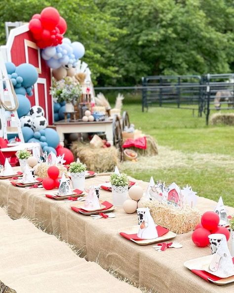 Farm Party 1st Birthday, Farm Party Birthday Ideas, Farm Picnic Birthday Party, Farm Themed Table Decor, Farm Birthday Table Set Up, Farm Theme Birthday Table Decor, Farm Backdrop Barnyard Party, Farm Animals Party Decorations, Petting Zoo Birthday Party Decorations