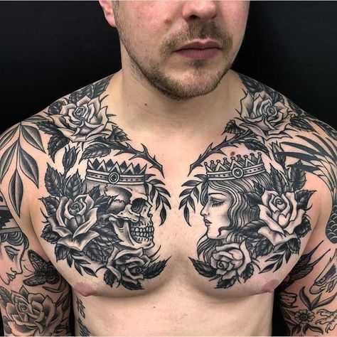 Men’s Chest Tattoos Ideas, Cover Chest Tattoo, One Chest Tattoo, Traditional Chest Tattoo Men Ideas, Old School Chest Tattoo Men, Skull Chest Tattoo Men, Old School Tattoo Chest, Skull Tattoo Chest, Traditional Chest Piece