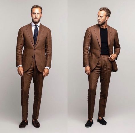 Wedding Guest Suits For Men, Brown Linen Suit, Brown Suit Wedding, Wedding Guest Suits, Brown Suit, Tan Suit, Formal Men Outfit, Dress Suits For Men, Formal Mens Fashion