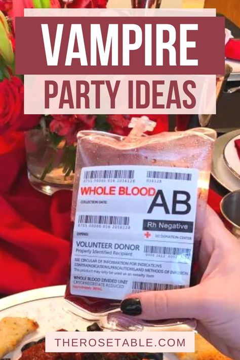 Thinking about using blood bags for your vampire party? You’ve come to the right place! I bought these food-grade blood bags on Amazon last winter for a vampire-themed dinner with my friend Irene and featured them again this Halloween in my Vampire Dinner episode of The Rose Table. Blood bags add such a fun party element to any vampire-themed party. I absolutely love using them. Vampire Games Halloween Party, Vampire Theme Food, Vampire Party Games, Vampire Ball Party, Vampire Party Food, Vampire Themed Food, Vampire Party Ideas, Vampire Dinner Party, Dracula Party