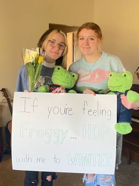 Frog Promposal, Middle School Hoco Proposals, Frog Hoco Proposal, Semi Formal Proposal Ideas, Sweethearts Dance Proposal, Winter Formal Proposal, Basketball Promposal, Formal Proposals, Winter Proposal