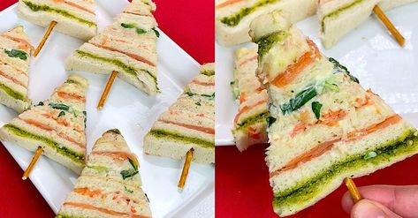 Christmas tree appetizer: a delicious idea that kids will love! Ladybug Appetizers, Christmas Sandwiches, Flower Shaped Cookies, Salmon Sandwich, Olive Relish, Impressive Recipes, Christmas Appetizers, Slice Of Bread, Unique Recipes