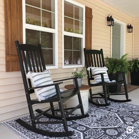 Modern farmhouse front porch. Black rocking chair. Cedar shutters. DIY planters. Black Rocking Chairs, Front Porch Seating Ideas, Front Porch Chairs, Front Porch Rocking Chairs, Front Porch Seating, Porch Refresh, Rocking Chair Front Porch, Front Porch Furniture, Porch Landscaping