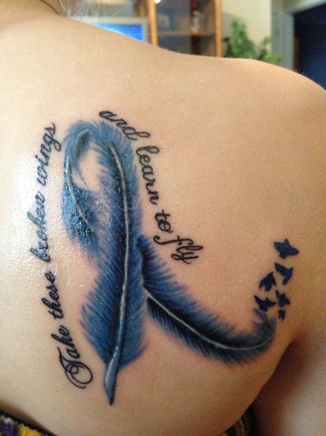 Survivor Tattoos For Women, Blue Ribbon Tattoo, Survivor Tattoos, Survivor Tattoo, Awareness Tattoo, Ribbon Tattoos, Tattoos Skull, B Tattoo, Memorial Tattoos