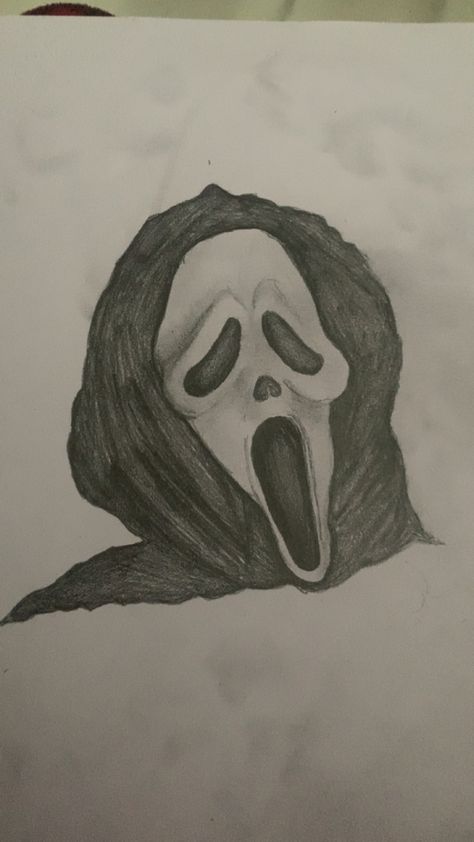 Ghostface Simple Drawing, Ghost Face Drawing Scream, Ghost Face Sketch, Scream Drawing Easy, Scary Drawing Ideas Easy, Scream Sketch, Ghost Face Drawing, Ghostface Drawing, Scream Drawing