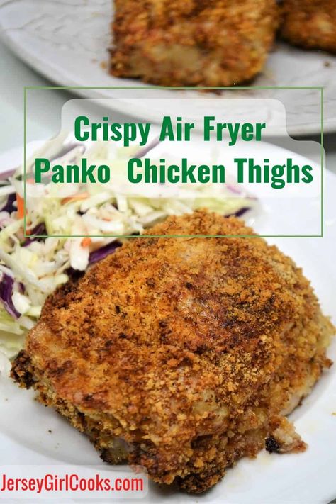 If you want crispy coated chicken at home without the hassle of deep frying you will love Air Fryer Panko Chicken Thighs. This economical recipe comes together quickly and cooks in less than 30 minutes using just a spritz of cooking oil on the air fryer basket. You get chicken thighs that are crispy on the outside and juicy on the inside. This will be a family favorite recipe. Click to get the Crispy Air Fryer Panko Chicken recipe. #airfryer #pankochicken #chickenthighs Panko Chicken Thighs, Air Fryer Panko Chicken, Chicken Panko, Breaded Chicken Thighs, Fried Chicken Thigh Recipes, Air Fryer Recipes Chicken Thighs, Panko Crusted Chicken, Crispy Baked Chicken Thighs, Panko Chicken