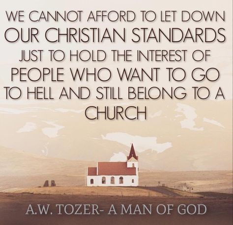 We cannot afford to let down OUR CHRISTIAN STANDARDS just to hold the interest of people who want to go to hell and still belong to a church.  A.W. Tozer – A Man of God Aw Tozer Quotes, Standards Quotes, 5 Solas, Man Of God, Reformed Theology, Soli Deo Gloria, Godly Man, Biblical Quotes, The Perfect Guy