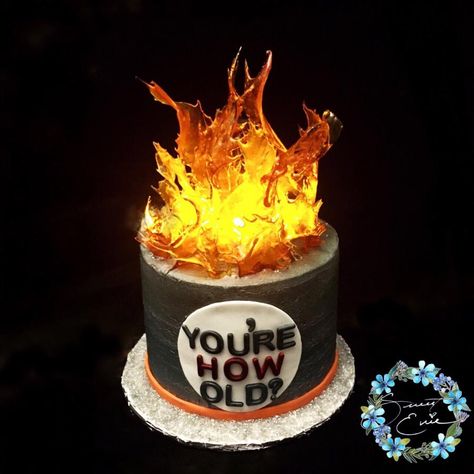 Flame Cake Ideas, Light Up Cake, Bonfire Cake, Over The Hill Cakes, Divorce Cake, Witch Birthday, Campfire Cake, Men Cakes, Fire Cake