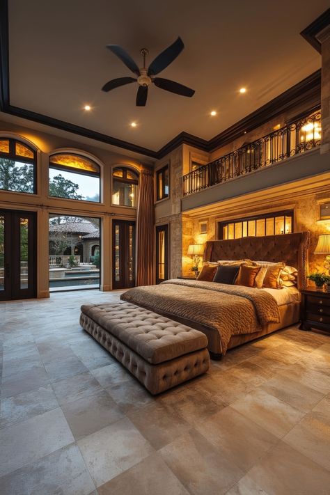 Create a serene and luxurious master bedroom with these design ideas. Nice Master Bedrooms Dream Homes, Hacienda Master Room, Huge Luxury Bedroom, Dream Master Bedrooms Luxury, Dream Home Design Bedrooms, Bedroom With Upstairs, House Design Interior Bedrooms, Nice Bedroom Ideas, Large Bedroom Ideas Master Suite