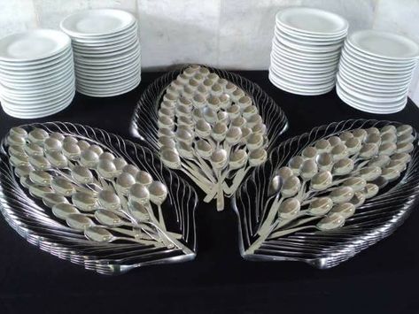 No automatic alt text available. Silverware Display, Plates And Silverware, Silver Ware, Cutlery Art, Catering Display, Dining Etiquette, Spoon Art, Buffet Set, Table Manners