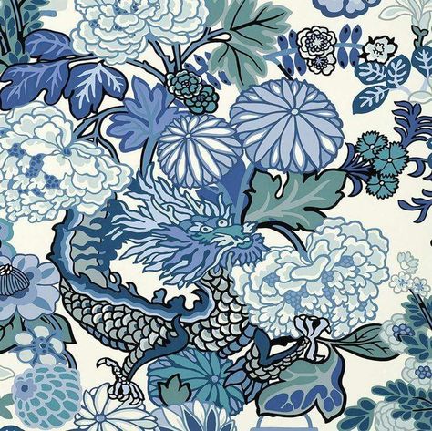 Chinoiserie Curtains, Schumacher Chiang Mai Dragon, Chiang Mai Dragon, Dragon Wallpaper, Schumacher Wallpaper, Chinoiserie Motifs, Blue Chinoiserie, Art Deco Print, Schumacher Fabric