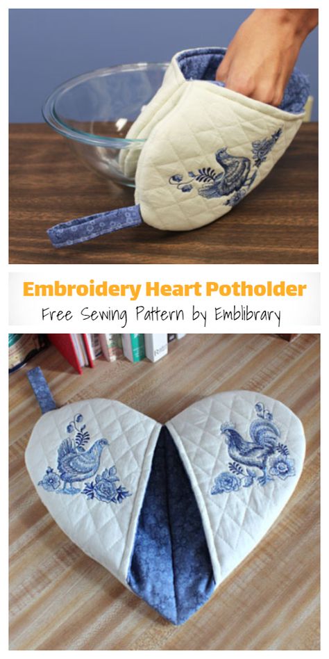 Heart Potholder, Quilted Potholder Pattern, Fabric Art Diy, Quilt Heart, Embroidery Heart, Quilted Potholders, Sewing Machine Projects, Embroidery Hearts, Owl Fabric