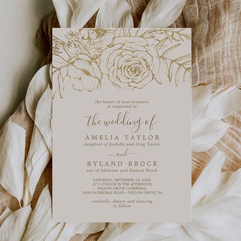 Gilded Floral | Cream Gold Parent's Names Wedding Invitation | Zazzle Cream Invitations Wedding, Classic Wedding Card Design, Champagne Wedding Invitations Elegant, Ivory And Gold Wedding Invitations, Wedding Invitations Gold And White, White Gold Wedding Invitations, Gold And White Wedding Invitations, Gold White Invitation, White And Gold Wedding Invitations