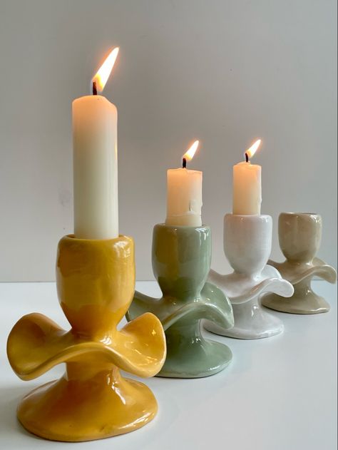 Handmade Ceramic Candle Holders in pretty colours Clay Candle Holders, Ceramic Sculpture Figurative, Ceramics Design, Slab Ceramics, Pottery Candle Holder, Unique Candle Holders, Clay Candle, Pottery Candle, Pinch Pot