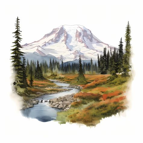 Mount Rainier Drawing, Pacific Northwest Watercolor, Mount Rainier Painting, National Park Watercolor, Park Watercolor, Junk Journal Kits, Pacific Northwest Art, Collage Images, Mount Rainier National Park