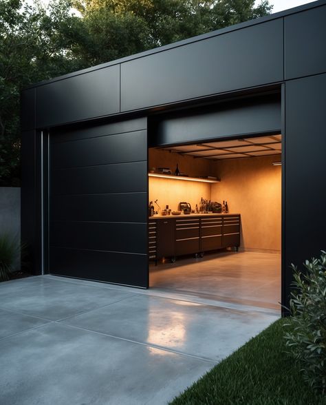 Matte Black Garage 🖤🖤🖤 Stylish Garage Interior, Black Car Garage, Modern Car Garage, Two Car Garage Organization, Garage Makeover Man Cave, Modern Garage Interior, Modern Garage Design, Garage Architecture, Aesthetic Garage