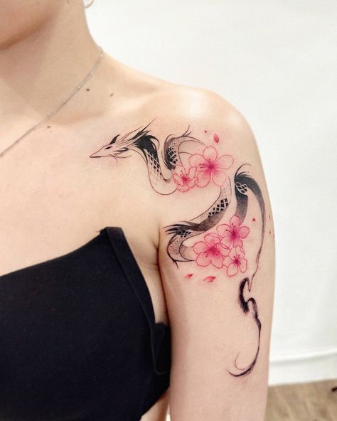 Painterly dragon with cherry blossom tattoo on shoulder Korean Dragon Tattoo, Decorative Tattoos, Mandala Dragon, Tattoos For Her, Korean Dragon, Ems Tattoos, Wildlife Tattoo, Korean Tattoos, Single Needle Tattoo