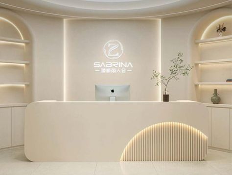 Round Reception Desk Design, Arabic Cafe, Round Reception Desk, Desk For 2, Shop Counters, Reception Desk Design, Retail Store Interior Design, Fabric Wall Decor, Retail Store Interior