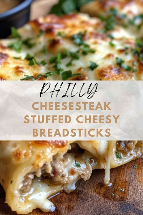 Bring the flavors of a Philly cheesesteak into a snackable form with these cheesy stuffed breadsticks! Filled with savory steak, sautéed peppers and onions, and plenty of melted cheese, these breadsticks are a delicious twist on a classic. Perfect for game day, gatherings, or an indulgent appetizer, they’re easy to make and impossible to resist. Save this recipe to add a crowd-pleasing favorite to your menu! #PhillyCheesesteak #StuffedBreadsticks #GameDaySnacks #CheesyGoodness #ComfortFood Philly Cheesesteak Stuffed Cheesy Breadsticks, Philly Cheesesteak Pinwheels, Cheesesteak Appetizer, Stuffed Breadsticks, Philly Cheesesteak Stuffed Peppers, Sautéed Peppers, Fancy Appetizer Recipes, Cheesesteak Stuffed Peppers, Sauteed Peppers And Onions