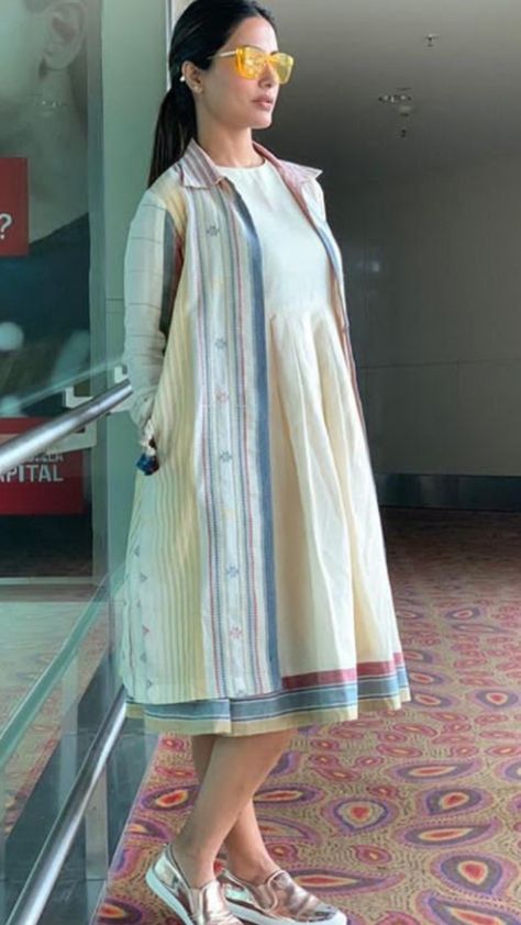 Beautiful Khadi kurti with jacket.  Superb detailing and embellishments. Khadi Designer Dress, Khadi Cotton Dress Design, Jacket Kurtis For Women, Shorts Dress For Women, Dress With Jacket Outfit Casual, Khadi Dresses Fashion, Khadi Kurta Designs Women, Khadi Designs, Kurta With Jacket Women