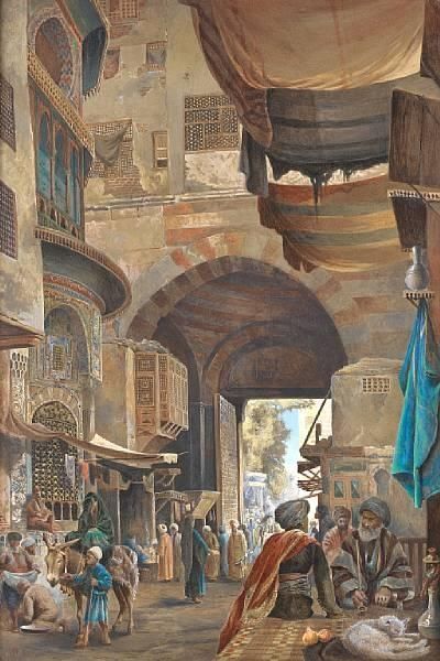 Charles Robertson (British, 1844–1891) - In the Bazaar, Constantinople Dnd Things, Arabian Knights, 1001 Nights, Arabian Art, Rpg Map, Hagia Sophia, Eastern Art, Islamic Paintings, Fantasy City