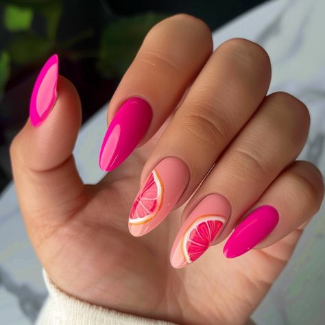 30 Eye-Catching Fruity Nail Ideas To Try For Summer 2024 Fruity Nails Summer, Summer Nails With Fruits, Summer Fruit Nail Art, Fruit Themed Nails, Summer Nail 2024, Nails With Fruit, Grapefruit Nails, Fruits Nails, Nail Art Fruit