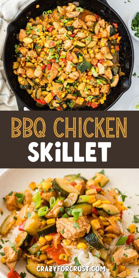 Bbq Chicken And Veggies, Chicken And Corn Skillet, Chicken Zucchini Bell Pepper Recipes, Cast Iron Skillet Recipes Healthy, Chicken And Summer Squash, Chicken Veggie Skillet, Skillet Bbq Chicken, Sheet Pan Chicken With Zucchini And Basil, Bbq Chicken Sides