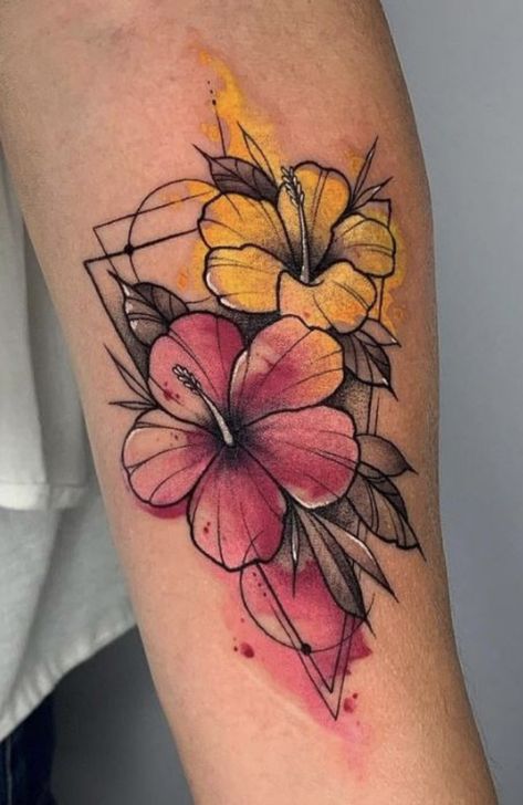 Hibiscus Watercolor Tattoo, Hibiscus Tattoo Color, Hibiscus Flower Tattoo Design, Hibiscus Flower Tattoo, Tropical Flower Tattoos, Hawaii Tattoo, Flower Tattoo Stencils, Colorful Flower Tattoo, Kali Tattoo