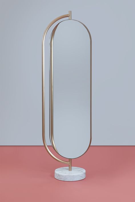 Giove is a full length mirror supported by a polished marble base with an elegant metal structure. The back of the mirror can be upholstered in a number of different fabrics. Giove can rotate inside its metal frame, offering comfortable functionality as well as new shapes and angles every time it is moved. Desk Mirror, Length Mirror, Full Length Mirror, Metal Mirror, Metal Structure, The Mirror, Design Furniture, Different Fabrics, Furniture Making