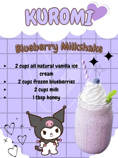 Drink Recipes Milkshake, Blueberry Milkshake Aesthetic, Cinnamoroll Starbucks Drink, Kuromi Starbucks Drink, Sanrio Milkshake, Kawaii Drink Recipes, Sanrio Starbucks Drink Orders, Kuromi Drink, Sanrio Starbucks Drink