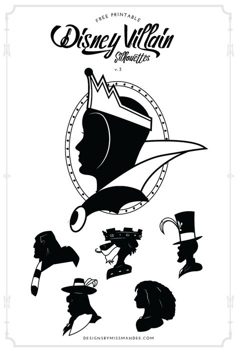 FREE Disney Villain Silhouettes v.3 - Designs By Miss Mandee. Prince John, the Evil Queen, Mother Gothel, Dr. Facilier, Governor Ratcliffe, and Shan Yu are ready to join your collection of vile villains. Download the printable and cut file versions of each of these classic "bad guys," and get ready for some Halloween crafting! #Disney #DisneyVillains #Cricut Dr Facilier Tattoo, Evil Queen Silhouette, Villain Silhouettes, Governor Ratcliffe, Shan Yu, Disney Villain Party, Prince John, Villains Party, Dr Facilier