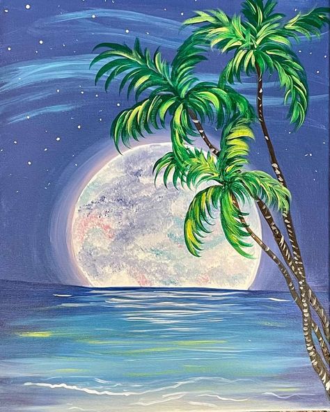 Moonlit Palms - Sat, May 14 7PM at Naperville Beach Scene Drawing, Pinots Palette Paintings, Dance In The Moonlight, Moon Oil, Canvas Party, Beach Scene Painting, Mini Canvases, Shell Painting, Pinots Palette