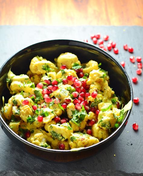 Cauliflower Pomegranate Salad with Yogurt Dressing Cauliflower Pomegranate, Raw Cauliflower Salad, Salad With Yogurt Dressing, Cauliflower Salad Recipe, Borscht Recipe, Yogurt Curry, Curried Cauliflower, Roasted Cauliflower Salad, Raw Cauliflower