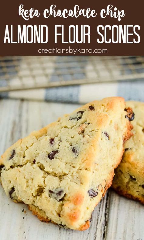 Loaded with chocolate chips and pecans, these KETO SCONES are absolutely decadent! Soft, buttery, and moist, they are perfect for breakfast, snacks, or even dessert. #ketoscones #ketosconerecipe #lowcarbscones #ketochocolatechipscones #ketotreats -from Creations by Kara Low Carb Scones Recipe, Almond Flour Scones, Keto Scones, Protein Sweets, Keto Kitchen, School Meals, Losing 40 Pounds, Tea Cosies, Keto Chocolate Chips