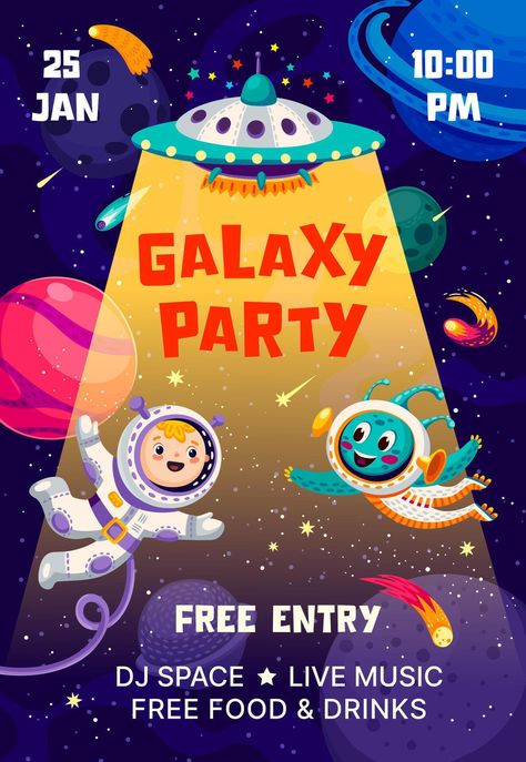 Kids galaxy space party flyer, invitation poster Poster Design Kids, Invitation Poster, Toy Drive, Space Drawings, Space Party, Galaxy Design, Party Poster, Cityscape Photos, Logo Banners